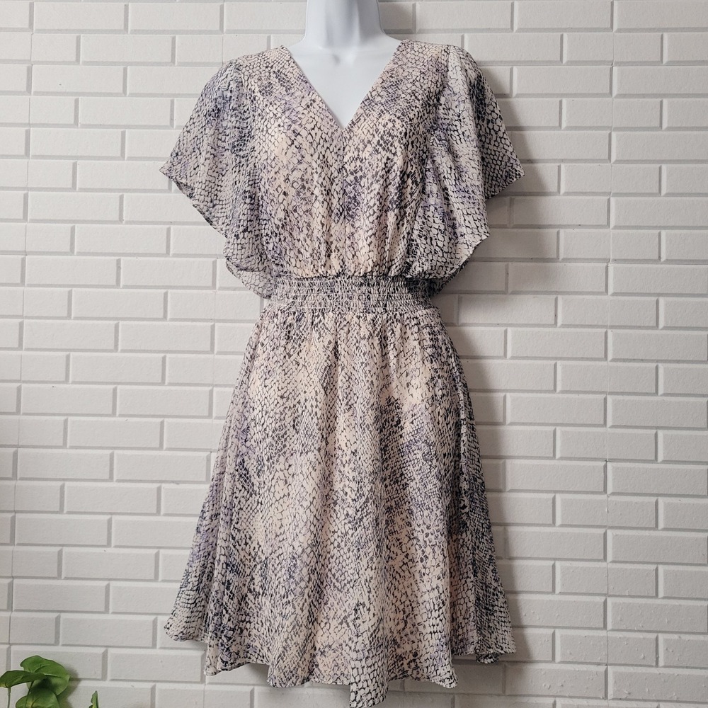 DKNY Flutter Sleeve Dress 8 Navy Pink Snakeskin Print Smocked Waist NWT